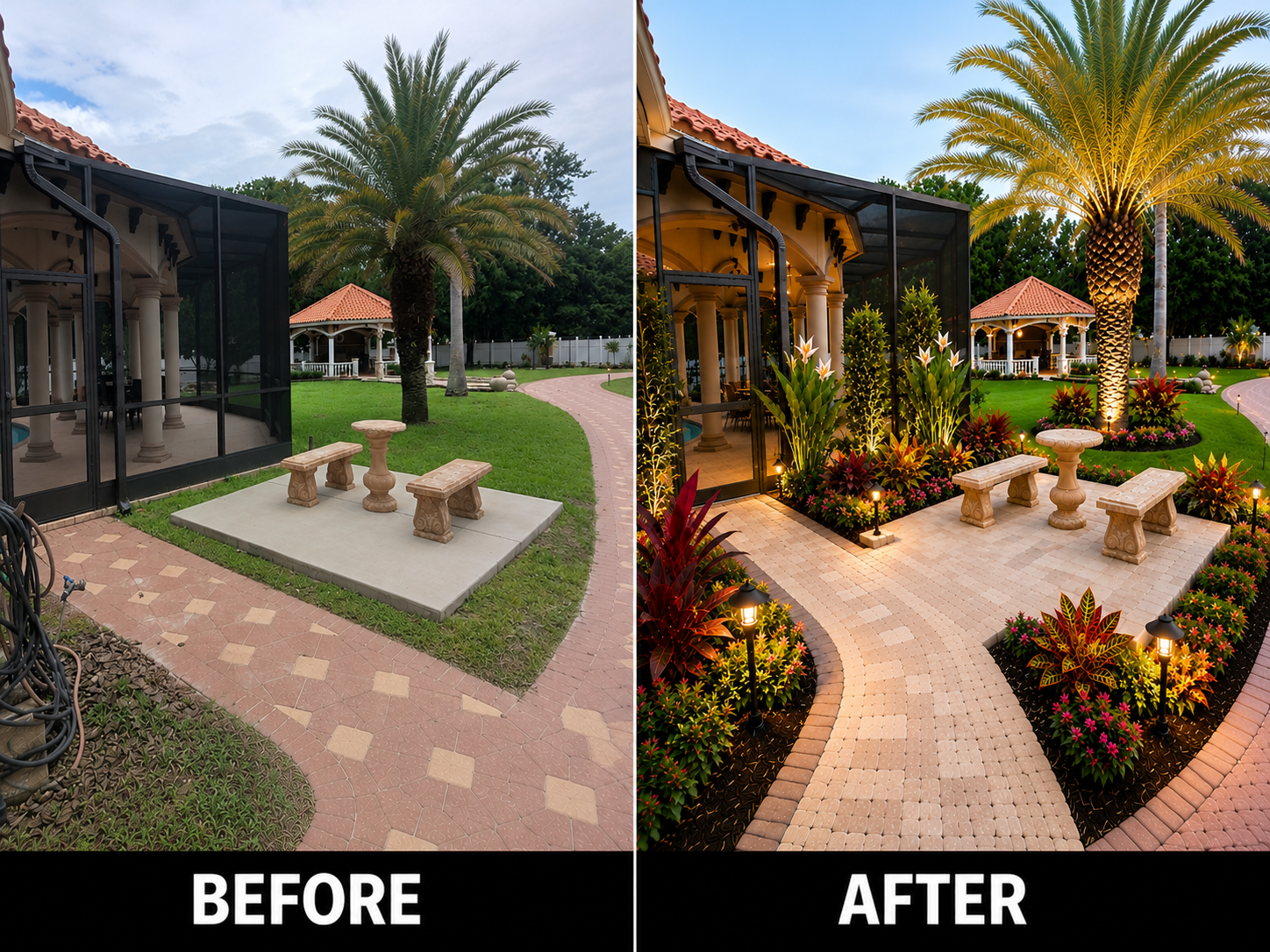 Outdoor seating landscape before and after