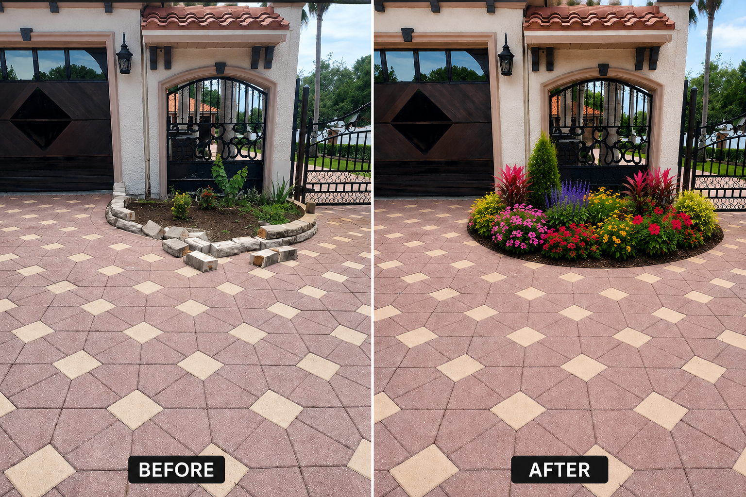Paver repair and garden before and after